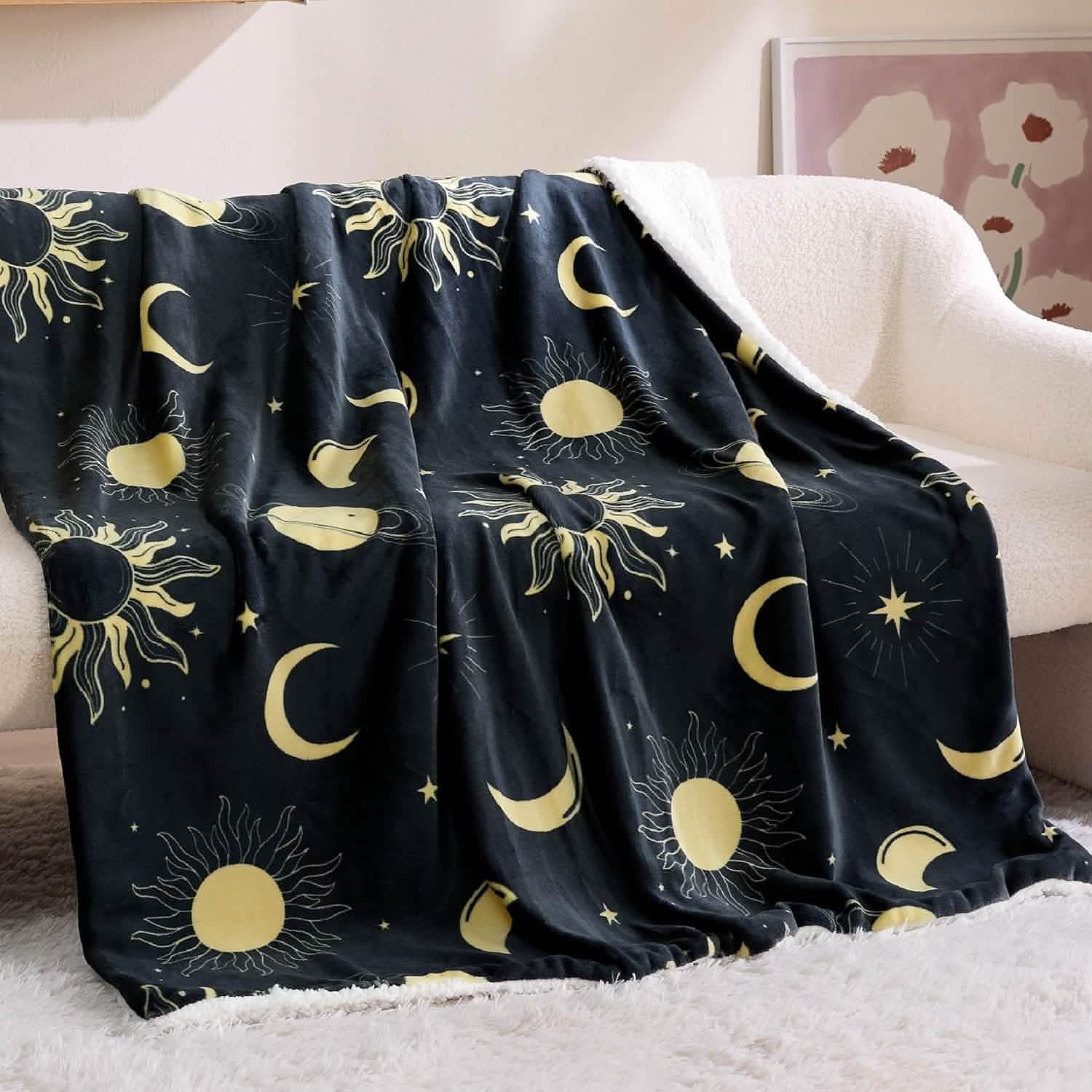 Printed Throw Sherpa Blanket Sun and Moon