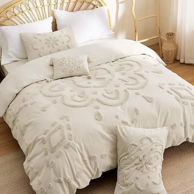 100% Cotton Tufted Duvet Cover Set Beige