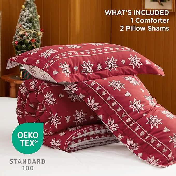 Christmas Plaid Comforter Set Red Snowflake