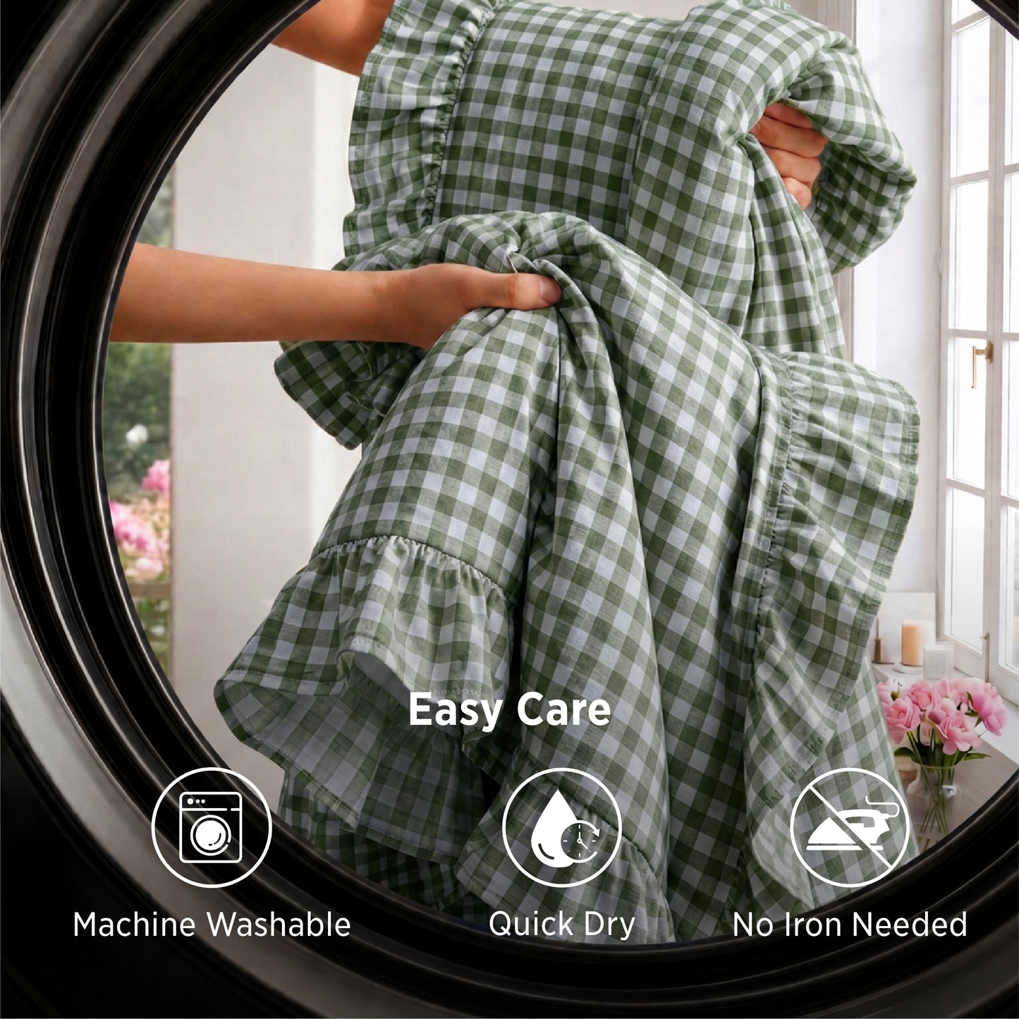 Ruffled Cotton-Like Gingham Sheet Set