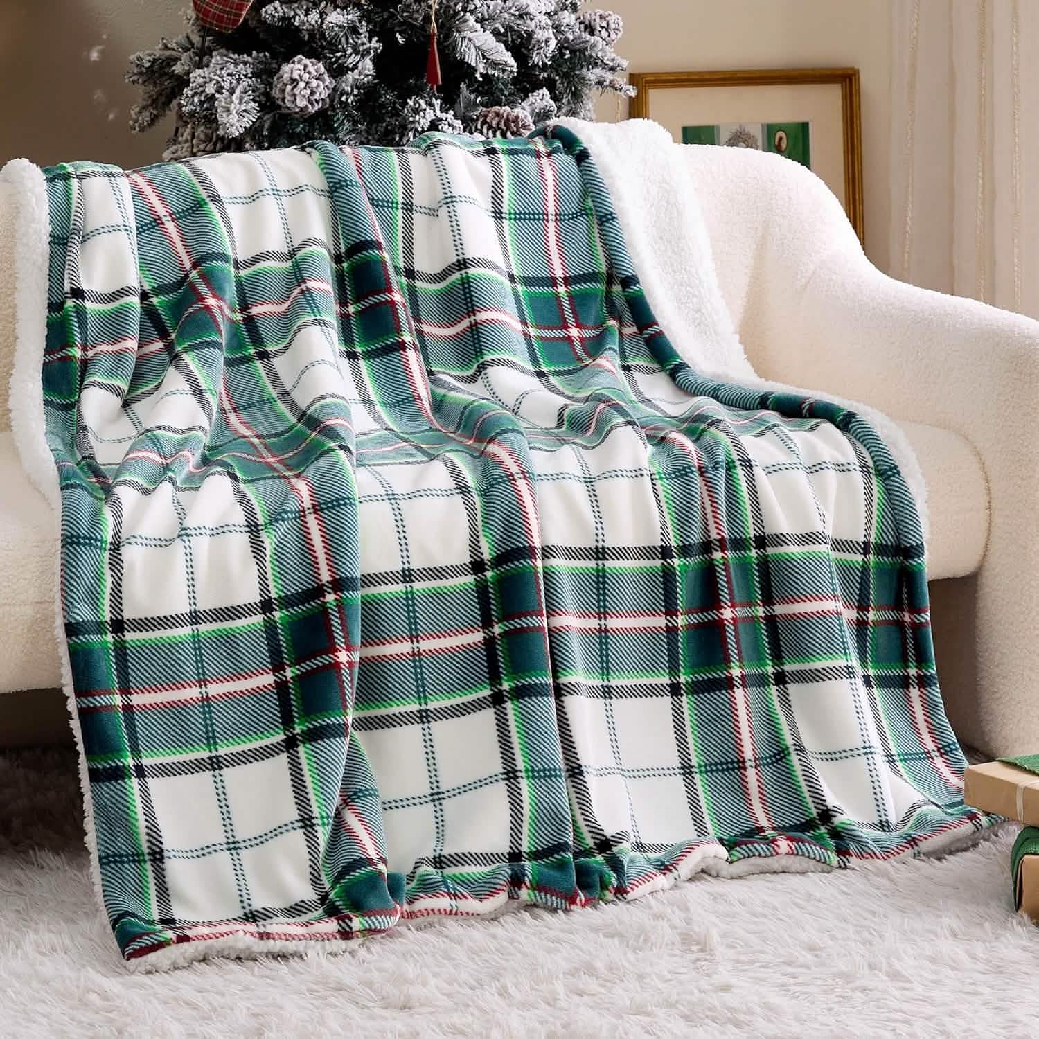 Printed Throw Sherpa Blanket christmas Green