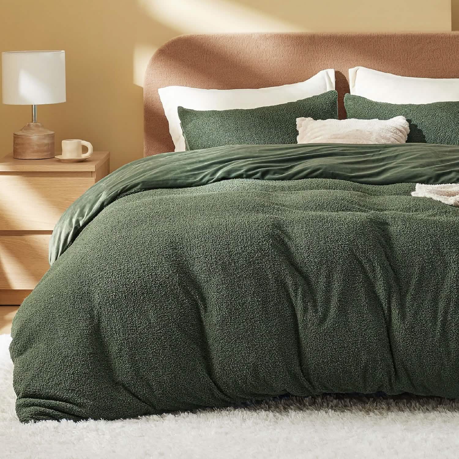 Carved Faux Rabbit Fur Duvet Cover Set Olive Green