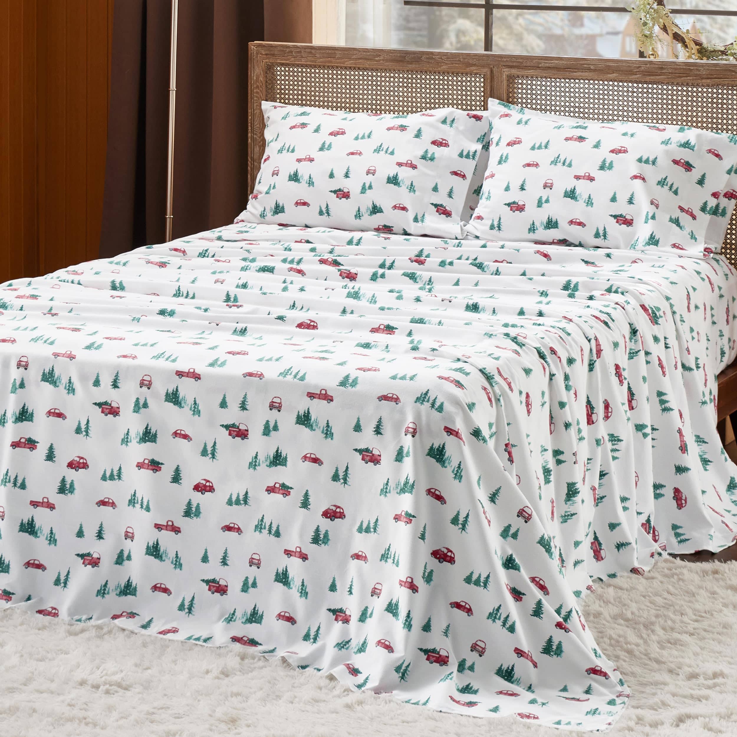 100% Cotton Christmas Car Printed Flannel Sheet Set