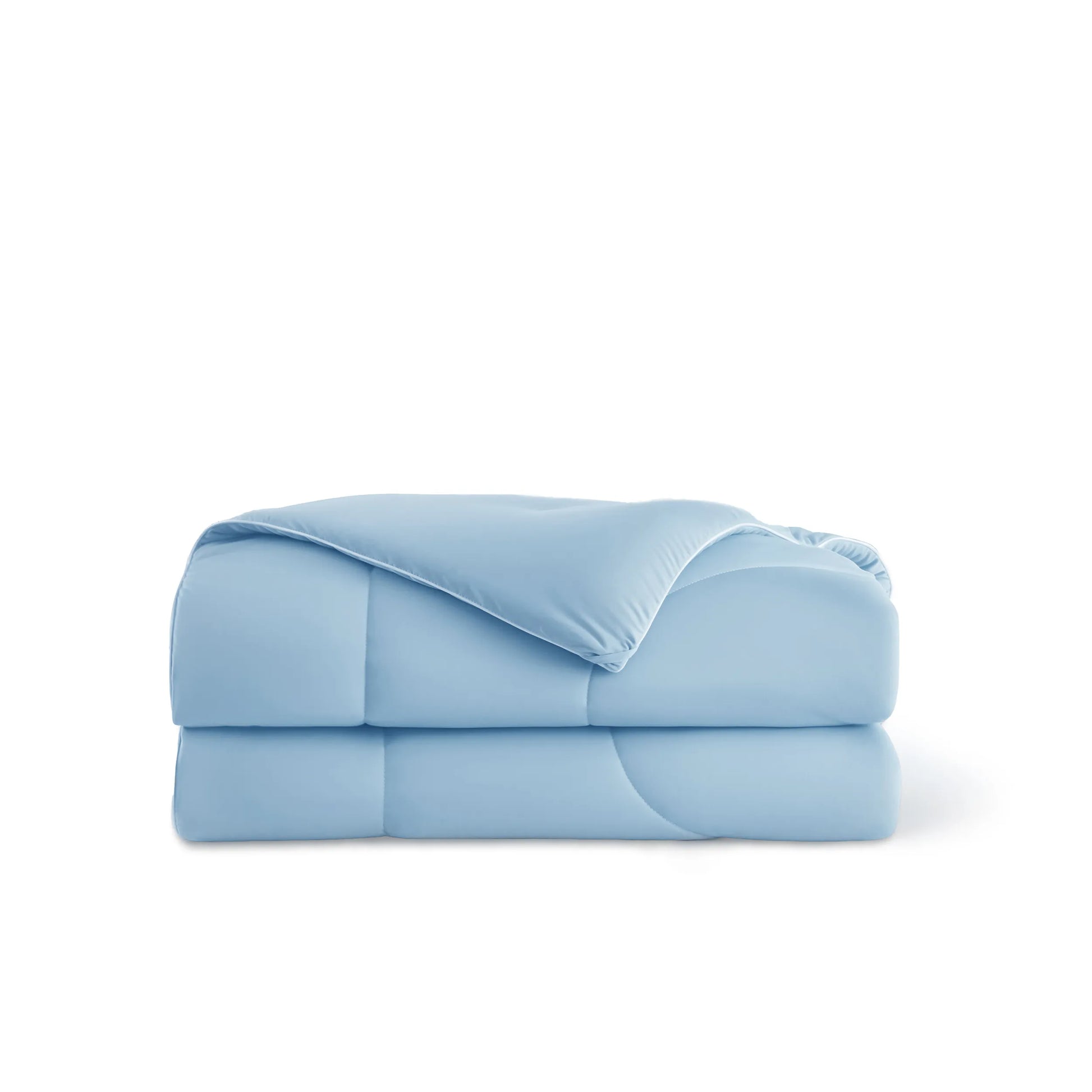 Folded light blue Nylon Comforter, soft texture, quilted design, ideal for cooling.