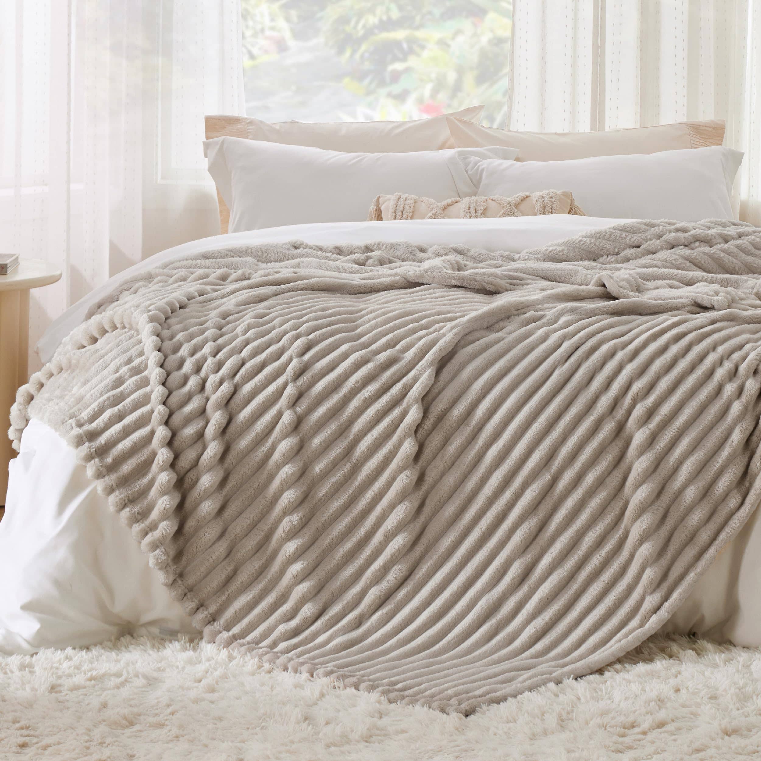 JFLEGAL Solid Striped Throw Blanket Flannel Fleece Soft Adult Bed