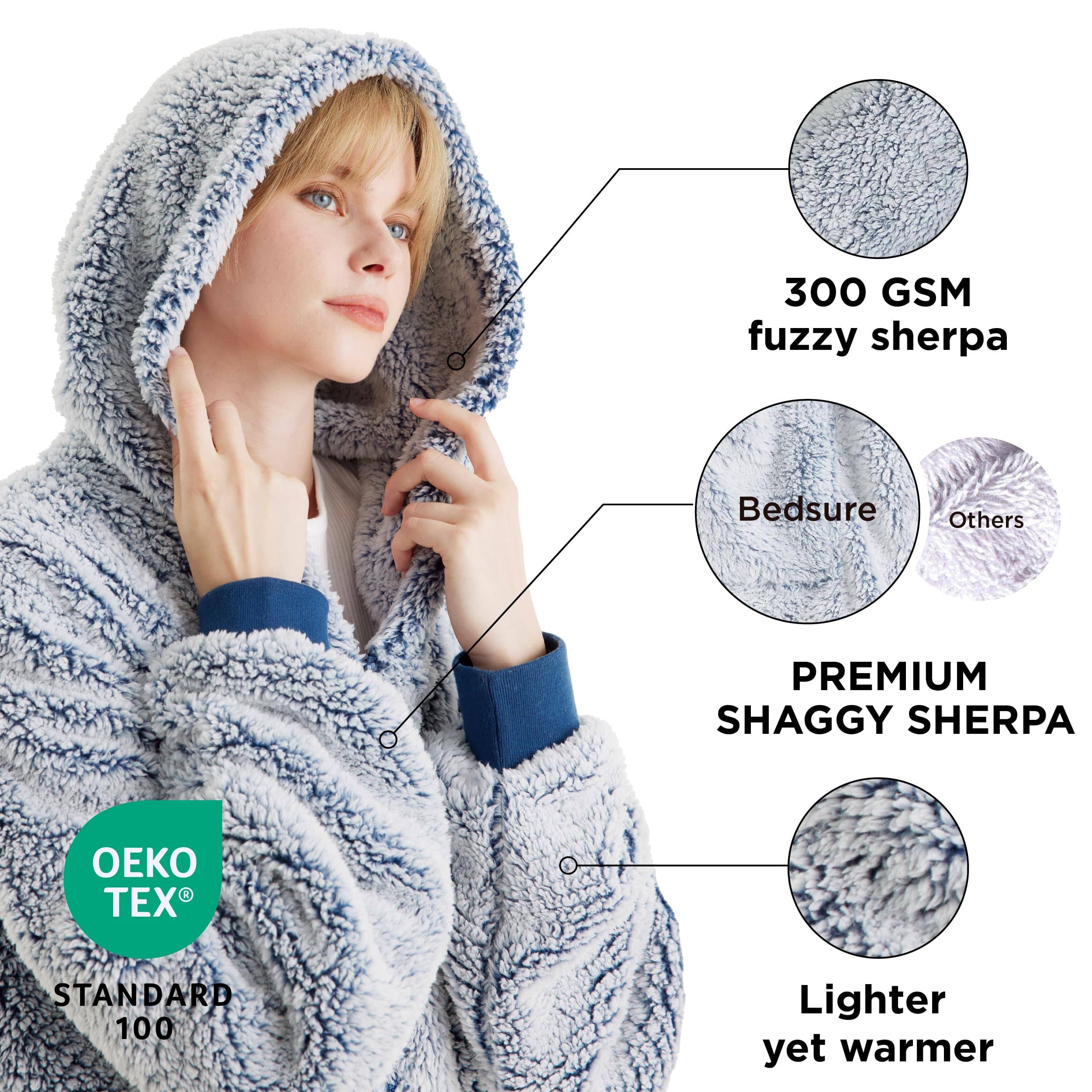 Bedsure Wearable Blanket Hoodie with Sleeves - Sherpa Hooded Blanket Adult  as Gifts for Mom Women Girlfriend, Winter Sweatshirt Blanket Standard Navy