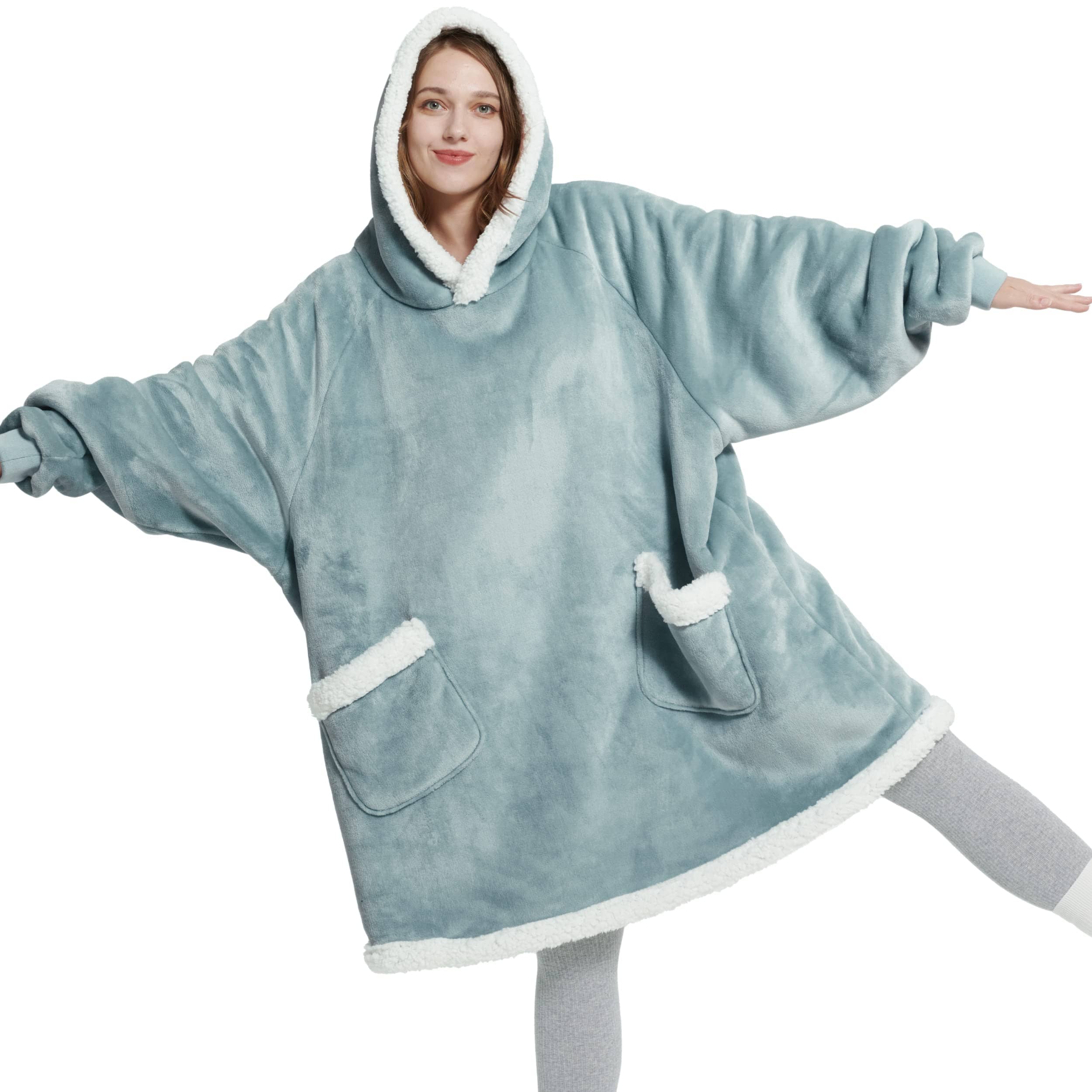 Sherpa Fleece Solid Short Wearable Blanket Hoodie