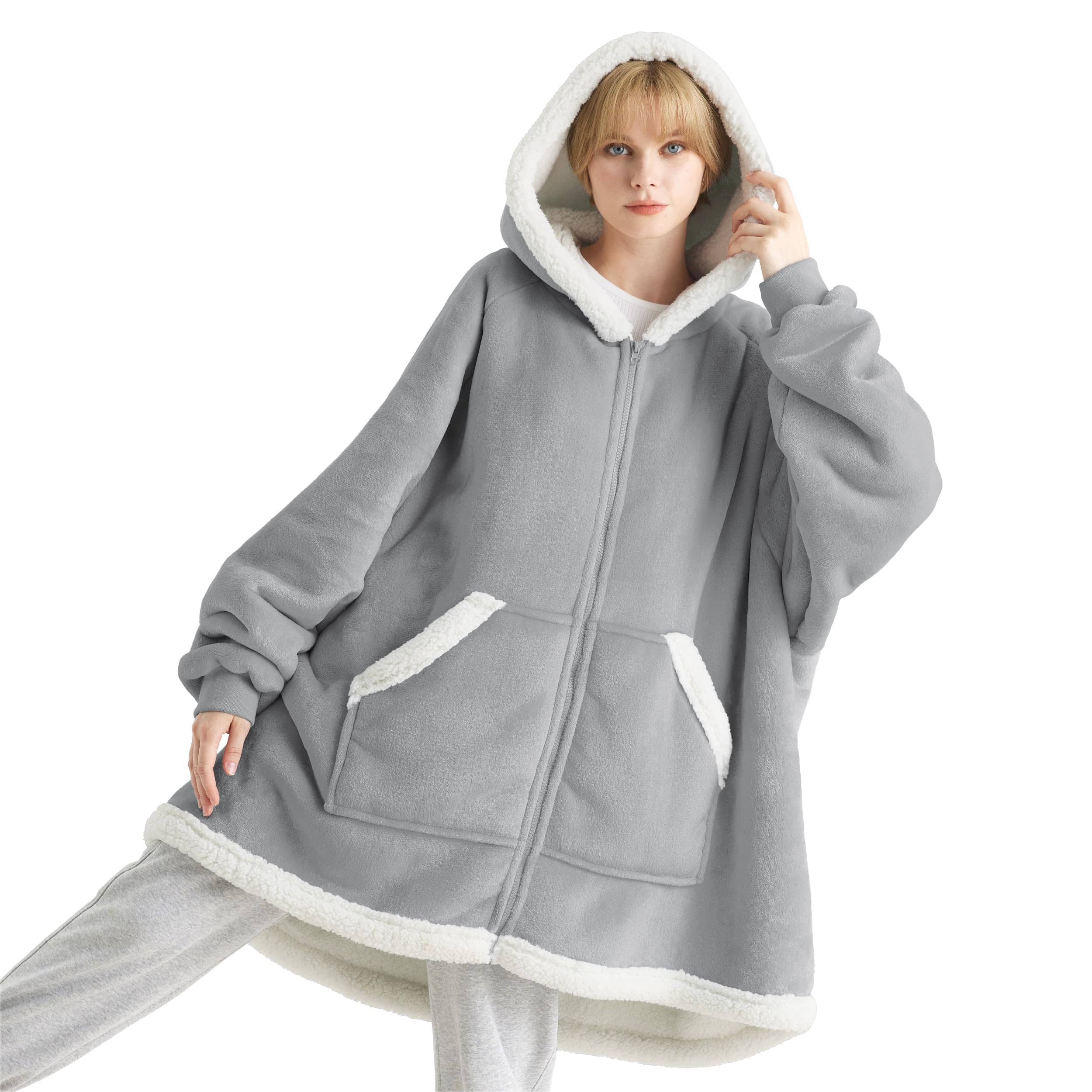 Sherpa Fleece Zippered Short Wearable Blanket Hoodie