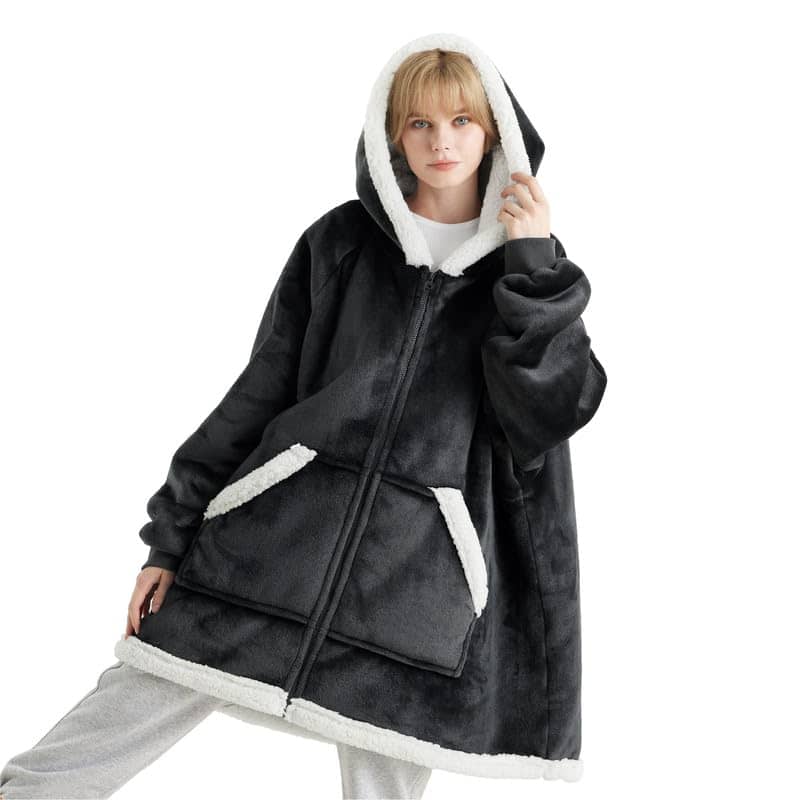 Sherpa Fleece Zippered Short Wearable Blanket Hoodie