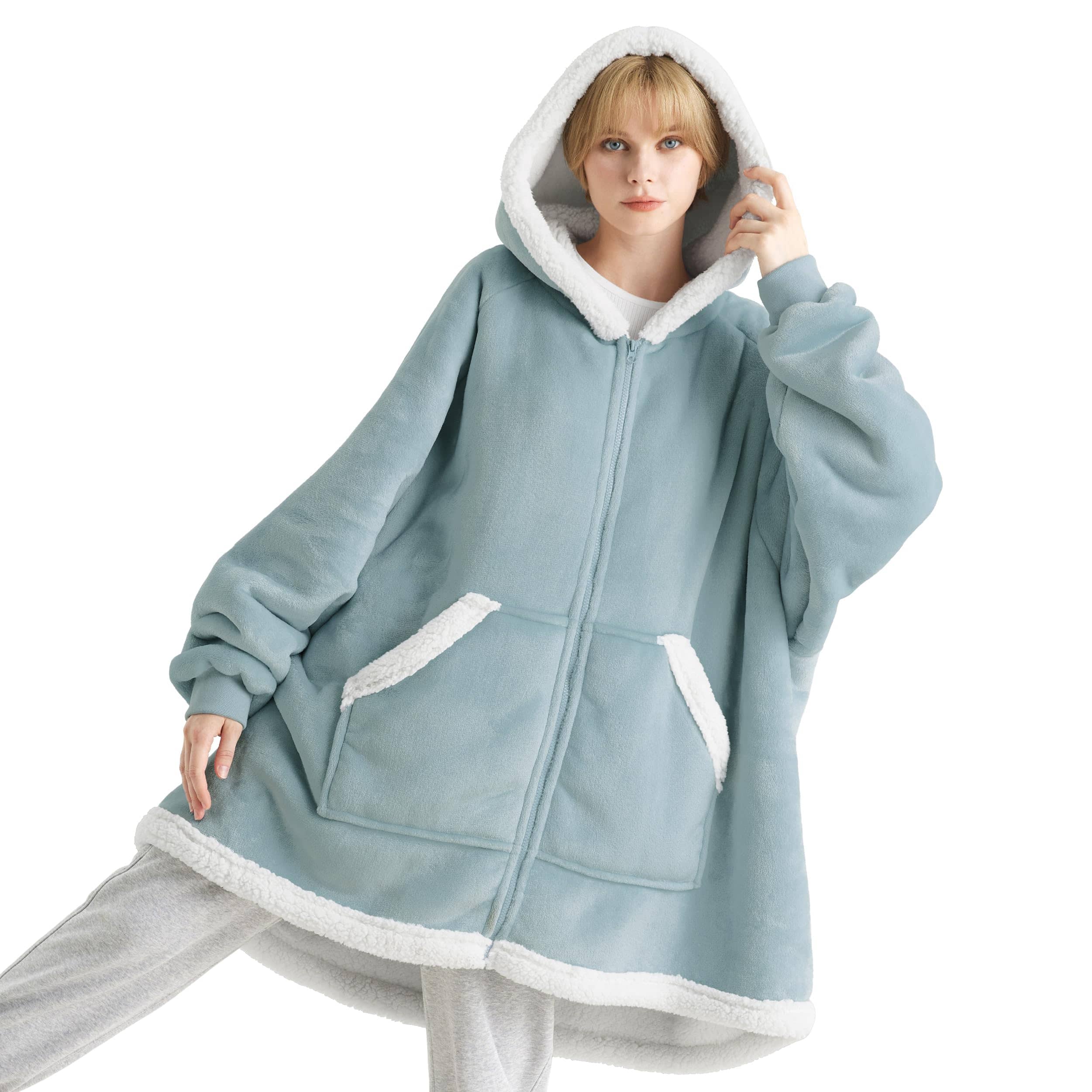 Sherpa Fleece Zippered Short Wearable Blanket Hoodie