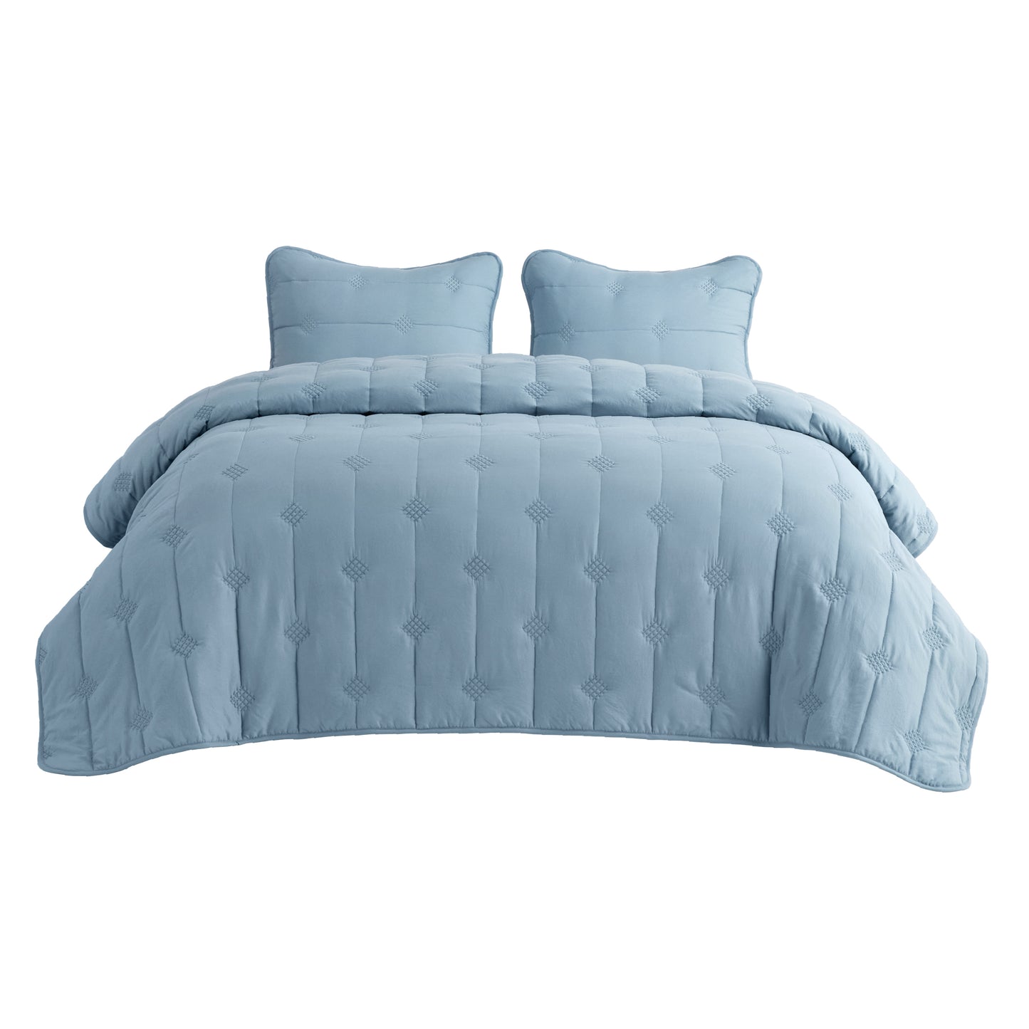 Light blue polyester prewashed diamond dot stitch quilt set with shams.