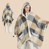 Heated Sherpa Fleece Blanket Hoddie Beige Plaid