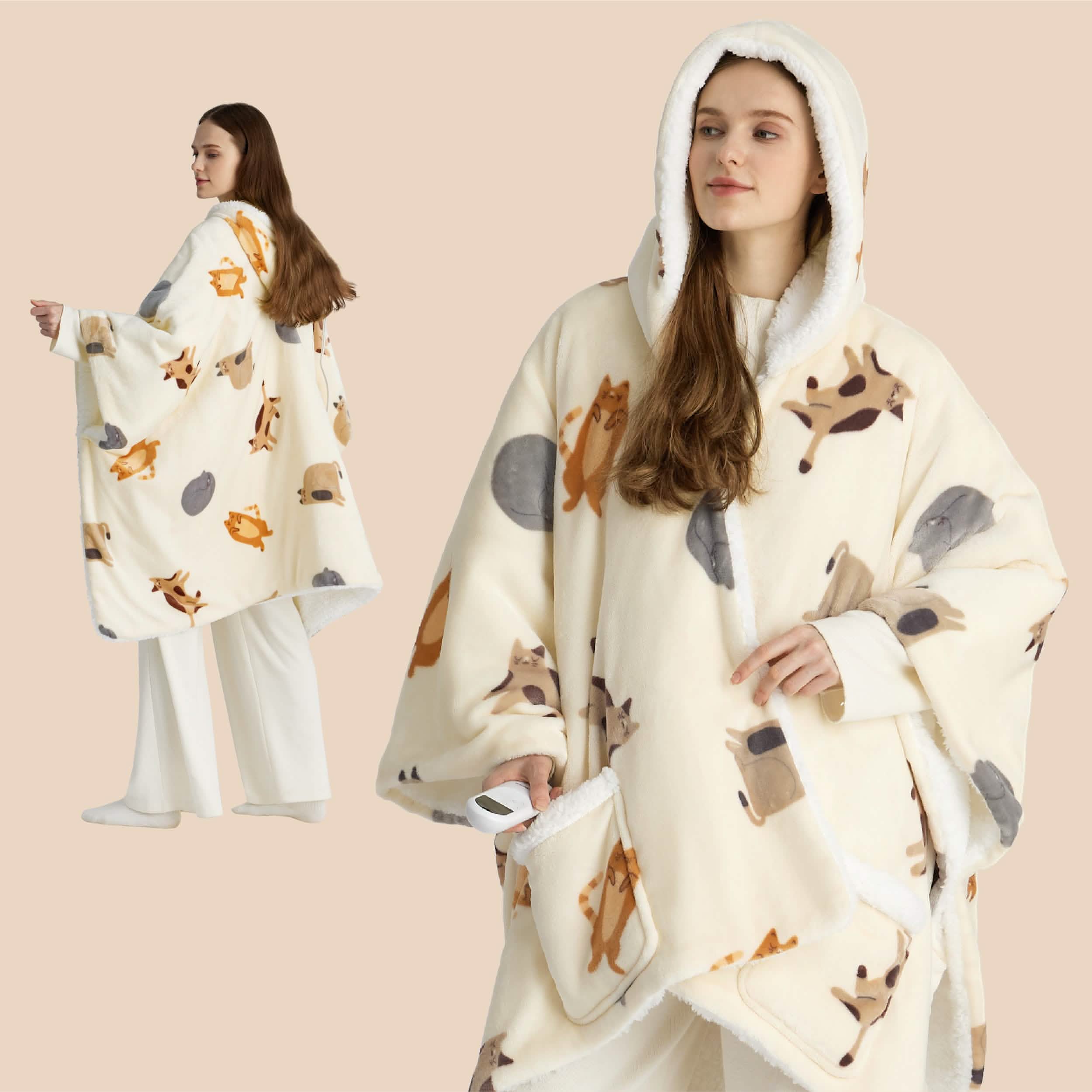 Heated Sherpa Fleece Blanket Hoodie Printed Cat