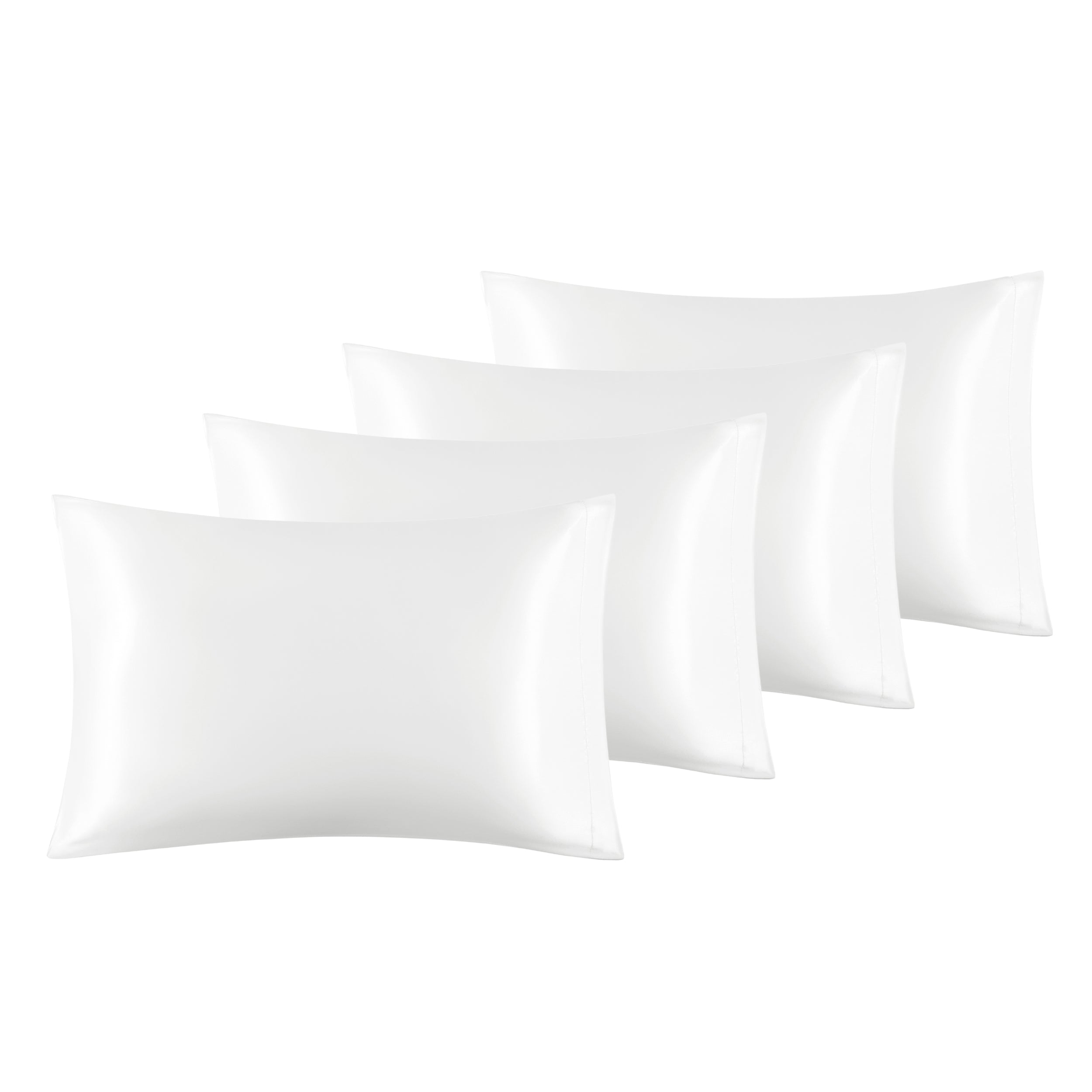 Four white satin polyester pillowcases, smooth texture, set of 4.