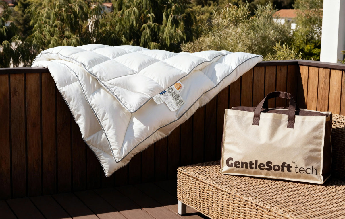 A white quilted comforter with grey piped edges drapes over a dark wooden fence. A beige canvas tote bag printed with "GentleSoft tech" rests on a woven rattan bench, with lush greenery and residential buildings in the background.