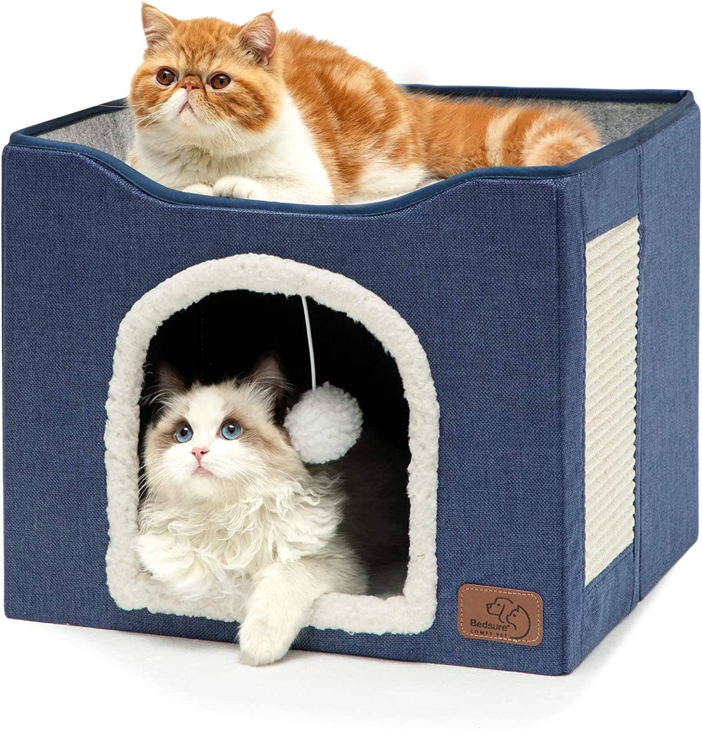 bedsure-cat-beds-for-indoor-cats-large-cat-cave-for-pet-cat-house-with-fluffy-ball-hanging-and-scratch-pad-foldable-cat-hideaway-16-5x16-5x14-inches-brown