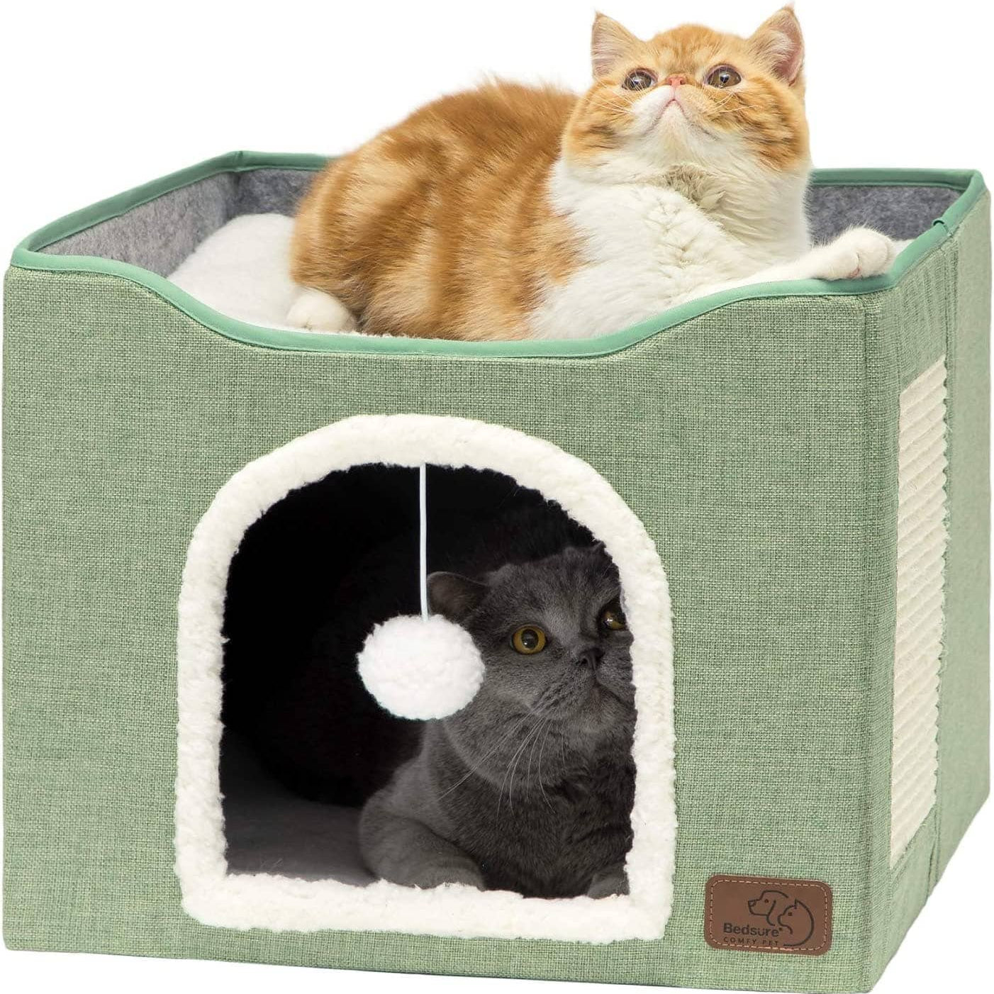 bedsure-cat-beds-for-indoor-cats-large-cat-cave-for-pet-cat-house-with-fluffy-ball-hanging-and-scratch-pad-foldable-cat-hideaway-16-5x16-5x14-inches-brown