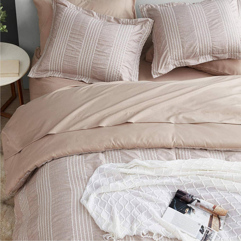 Seersucker Comforter Set - Striped Bed in A Bag warm taupe soft delicate