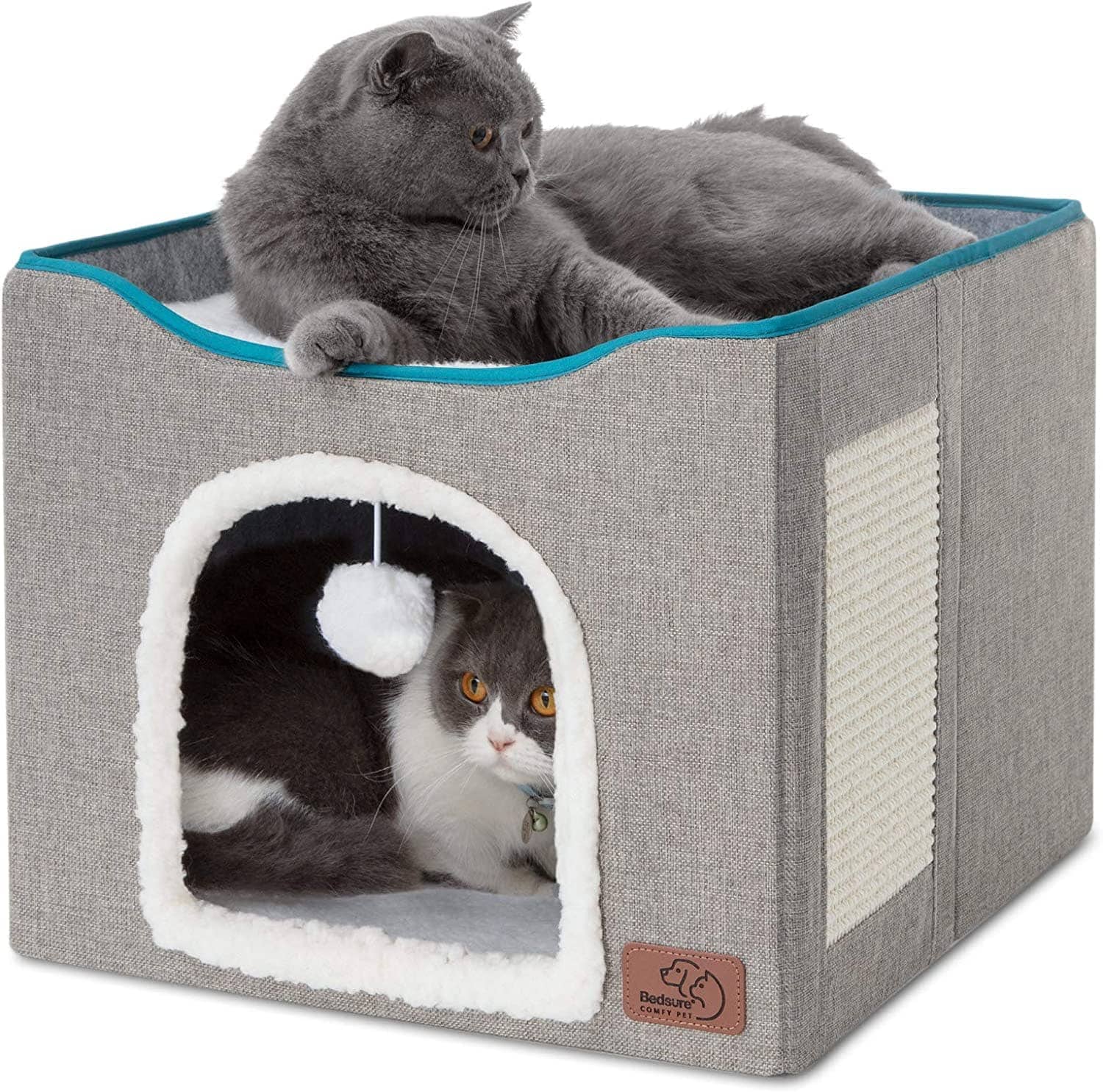 bedsure-cat-beds-for-indoor-cats-large-cat-cave-for-pet-cat-house-with-fluffy-ball-hanging-and-scratch-pad-foldable-cat-hideaway-16-5x16-5x14-inches-brown