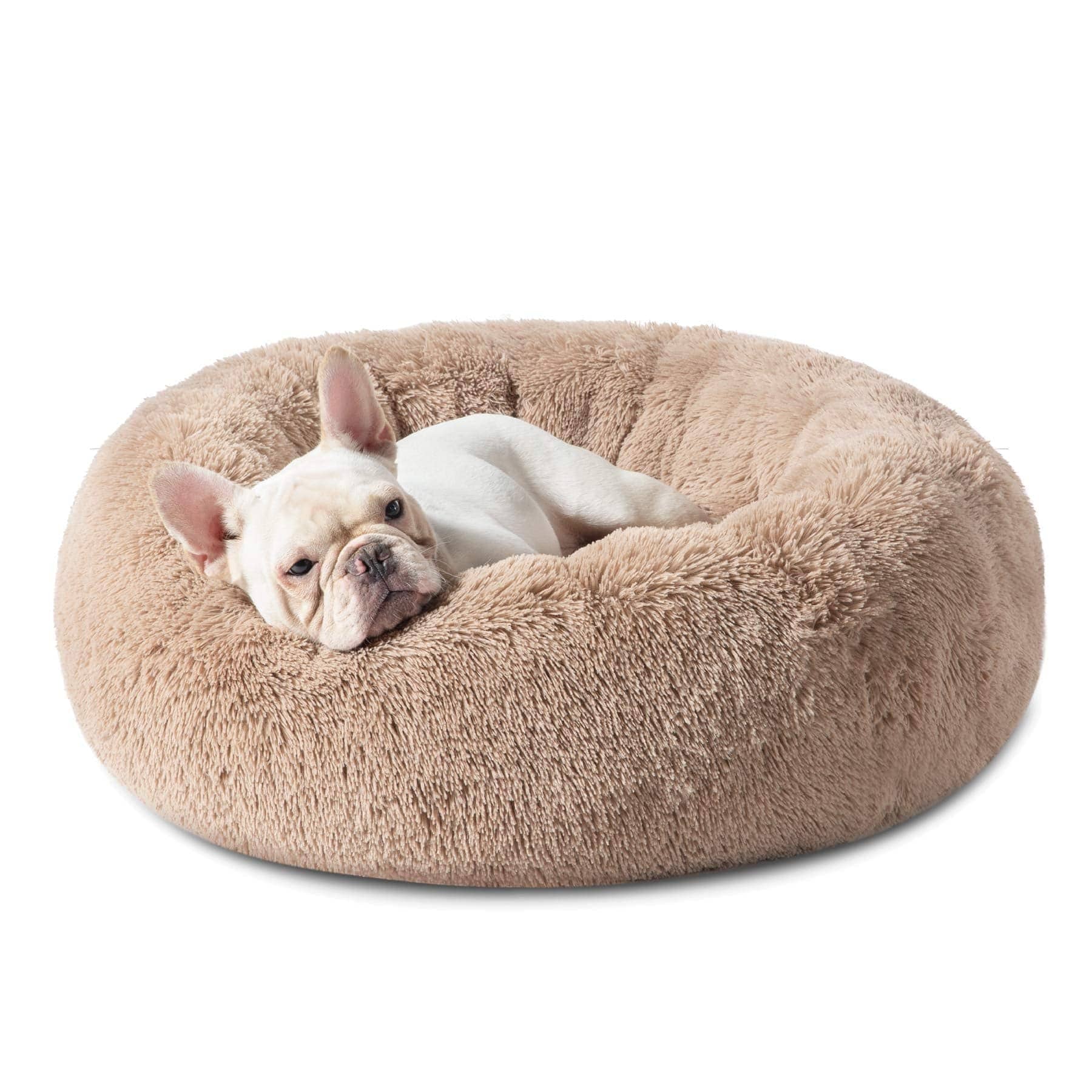 dog in the Bedsure Calming Bed for Dogs - Washable Round Dog Bed --Slip Faux Fur Donut Cuddler Cat Bed
