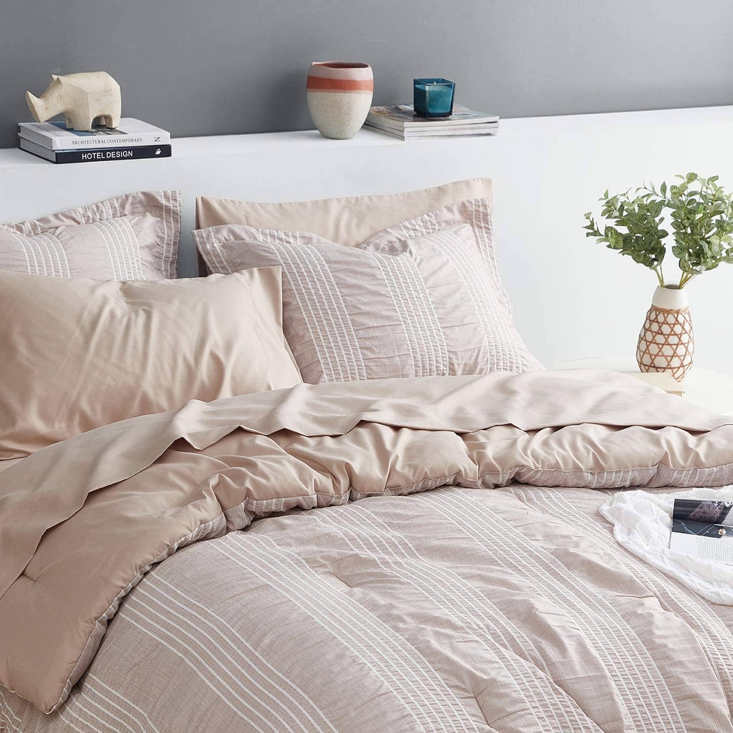 Seersucker Comforter Set - Striped Bed in A Bag warm taupe super soft