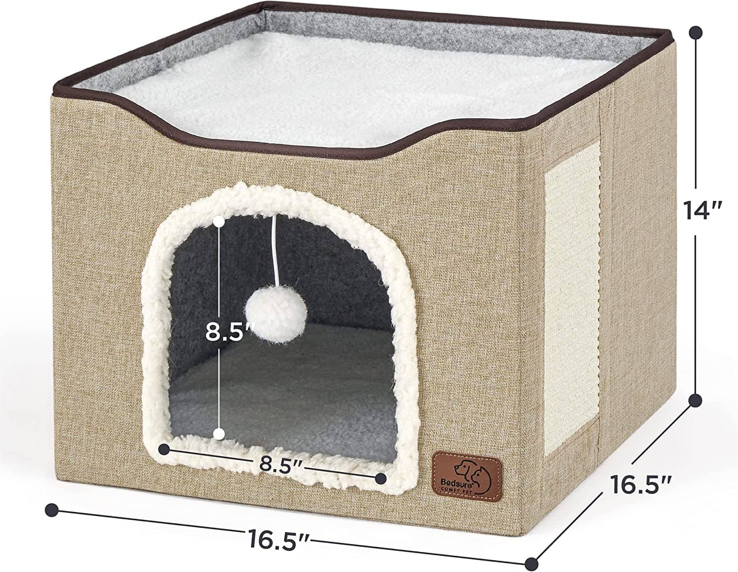 bedsure-cat-beds-for-indoor-cats-large-cat-cave-for-pet-cat-house-with-fluffy-ball-hanging-and-scratch-pad-foldable-cat-hideaway-16-5x16-5x14-inches-brown