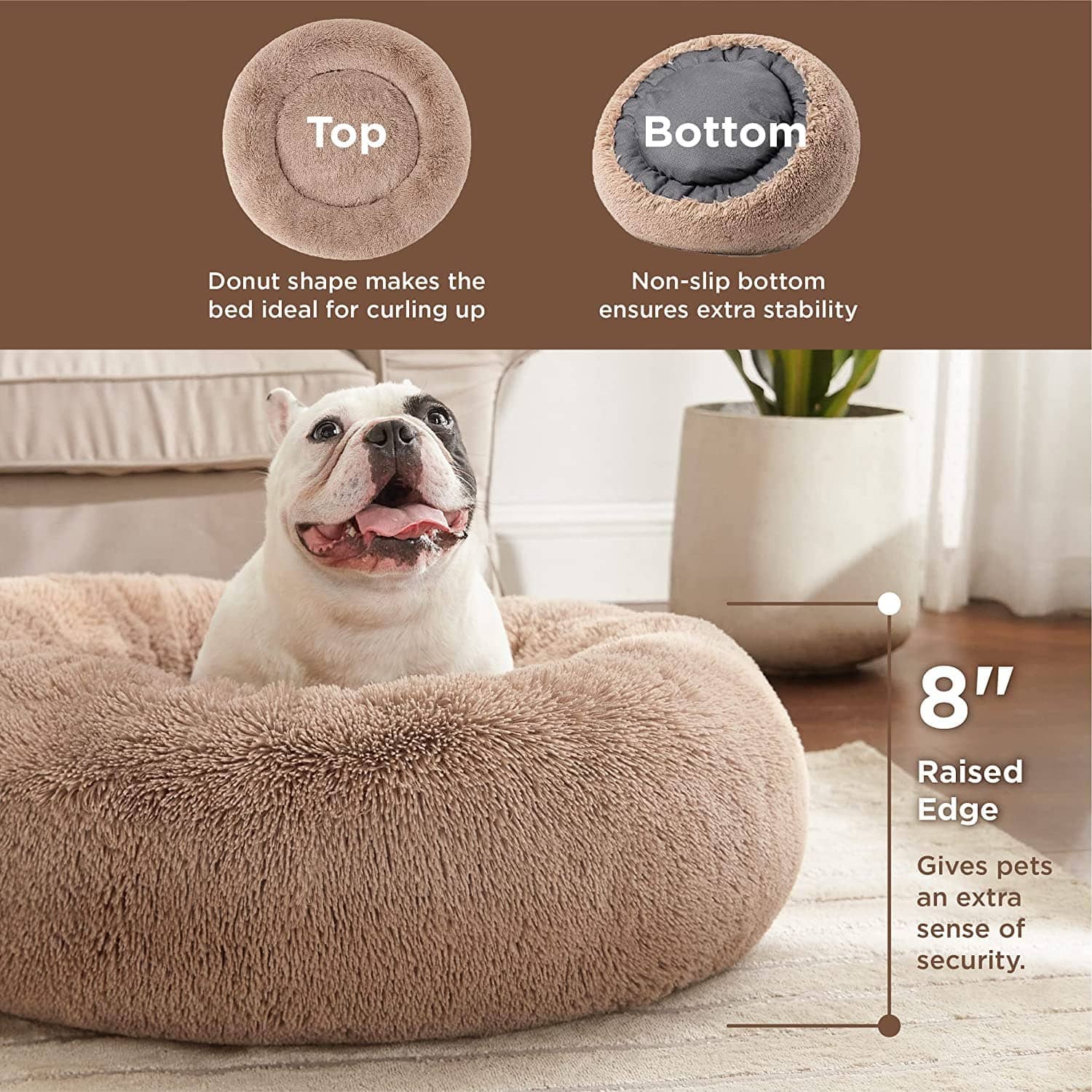 different aspects of display of the Bedsure Calming Bed for Dogs - Washable Round Dog Bed --Slip Faux Fur Donut Cuddler Cat Bed