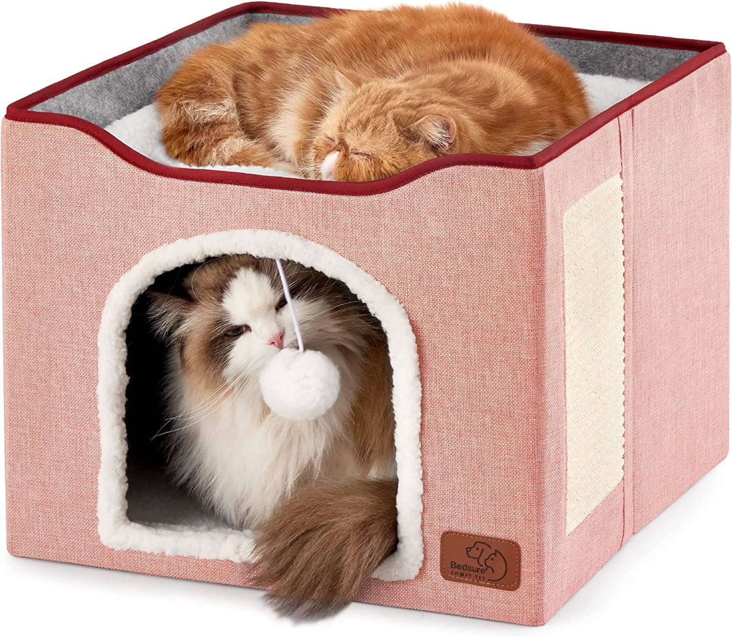 bedsure-cat-beds-for-indoor-cats-large-cat-cave-for-pet-cat-house-with-fluffy-ball-hanging-and-scratch-pad-foldable-cat-hideaway-16-5x16-5x14-inches-brown