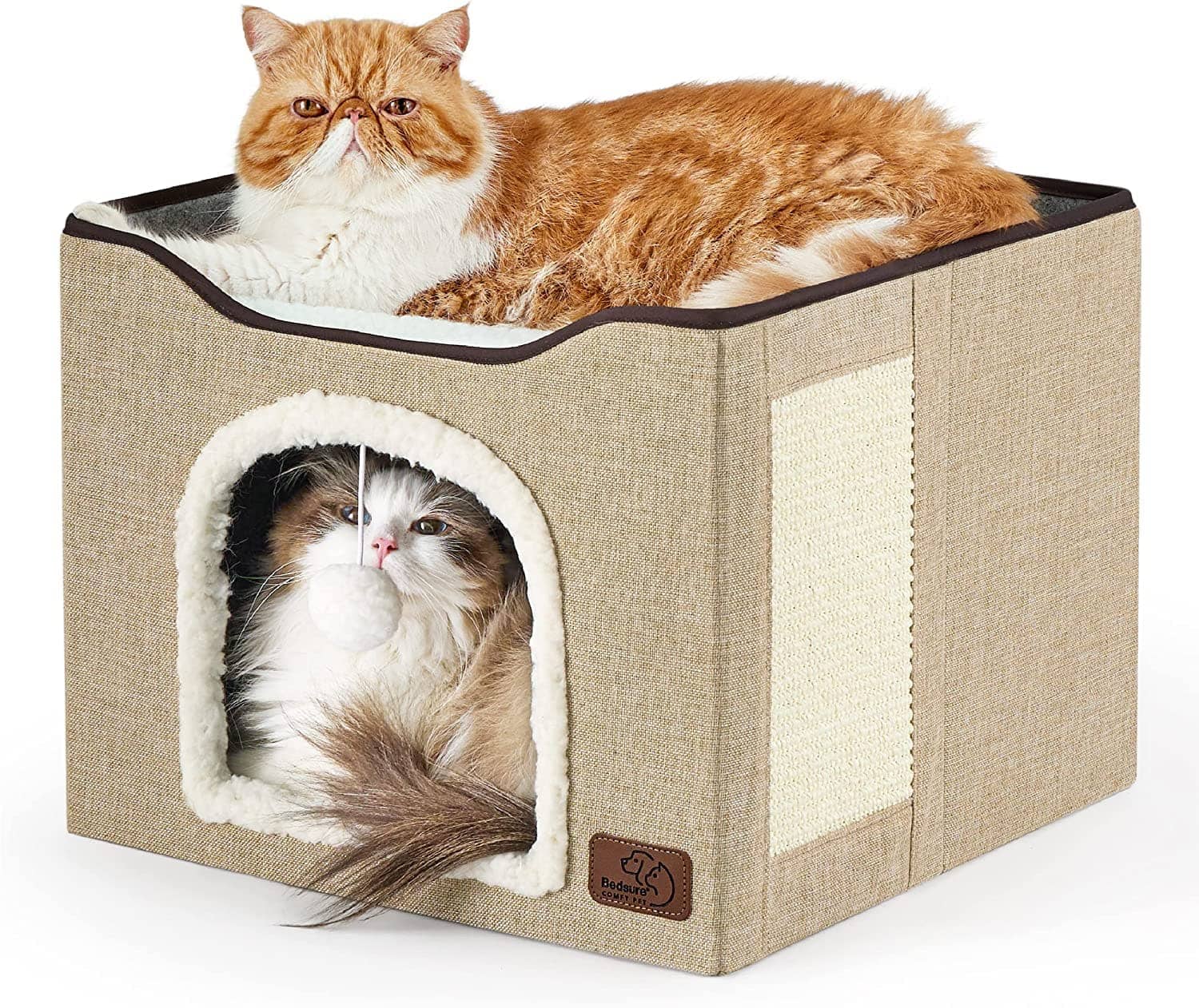 bedsure-cat-beds-for-indoor-cats-large-cat-cave-for-pet-cat-house-with-fluffy-ball-hanging-and-scratch-pad-foldable-cat-hideaway-16-5x16-5x14-inches-brown