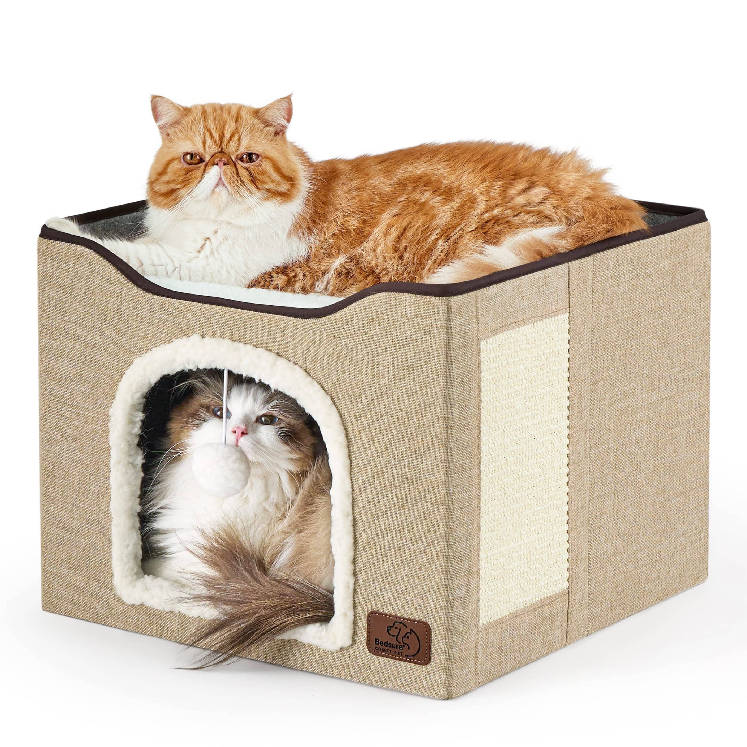 bedsure-cat-beds-for-indoor-cats-large-cat-cave-for-pet-cat-house-with-fluffy-ball-hanging-and-scratch-pad-foldable-cat-hideaway-16-5x16-5x14-inches-brown